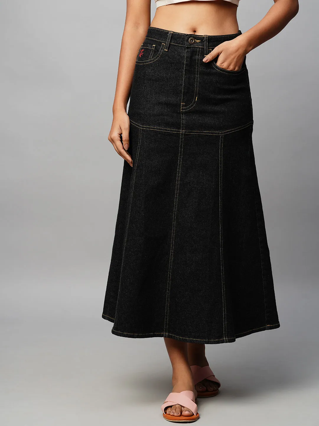Black Denim Fit N Flare Skirt