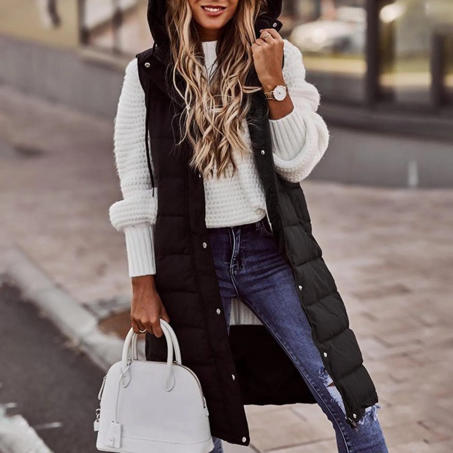 Black Puffer Vest Women Jacket Hooded Windproof Winter Coat with Recycled Insulation Winter Slim Short Hooded Warm