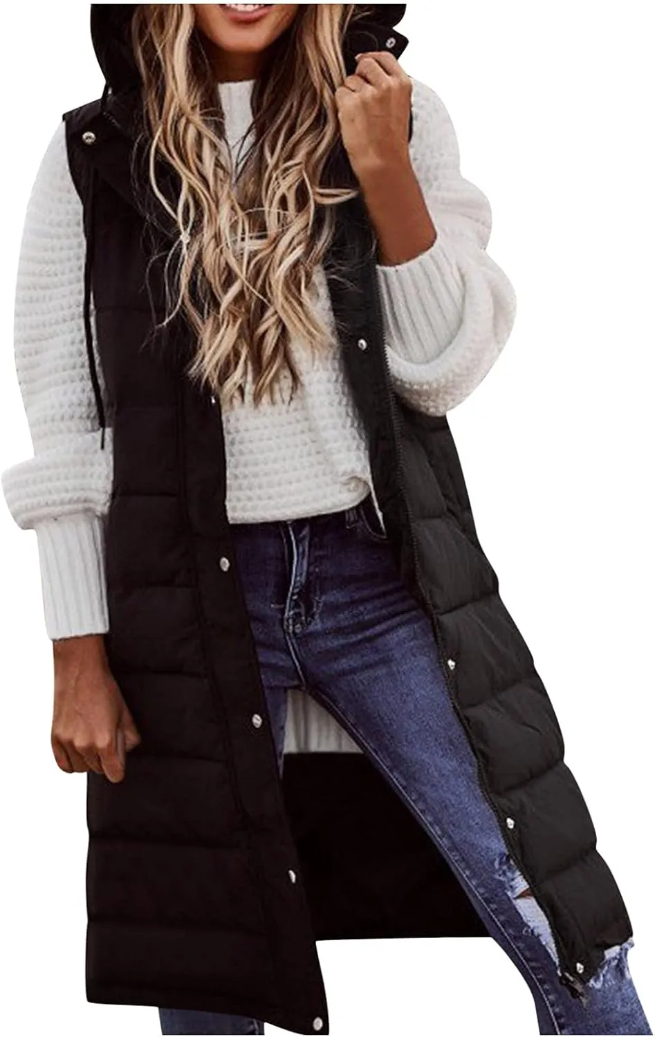Black Puffer Vest Women Jacket Hooded Windproof Winter Coat with Recycled Insulation Winter Slim Short Hooded Warm