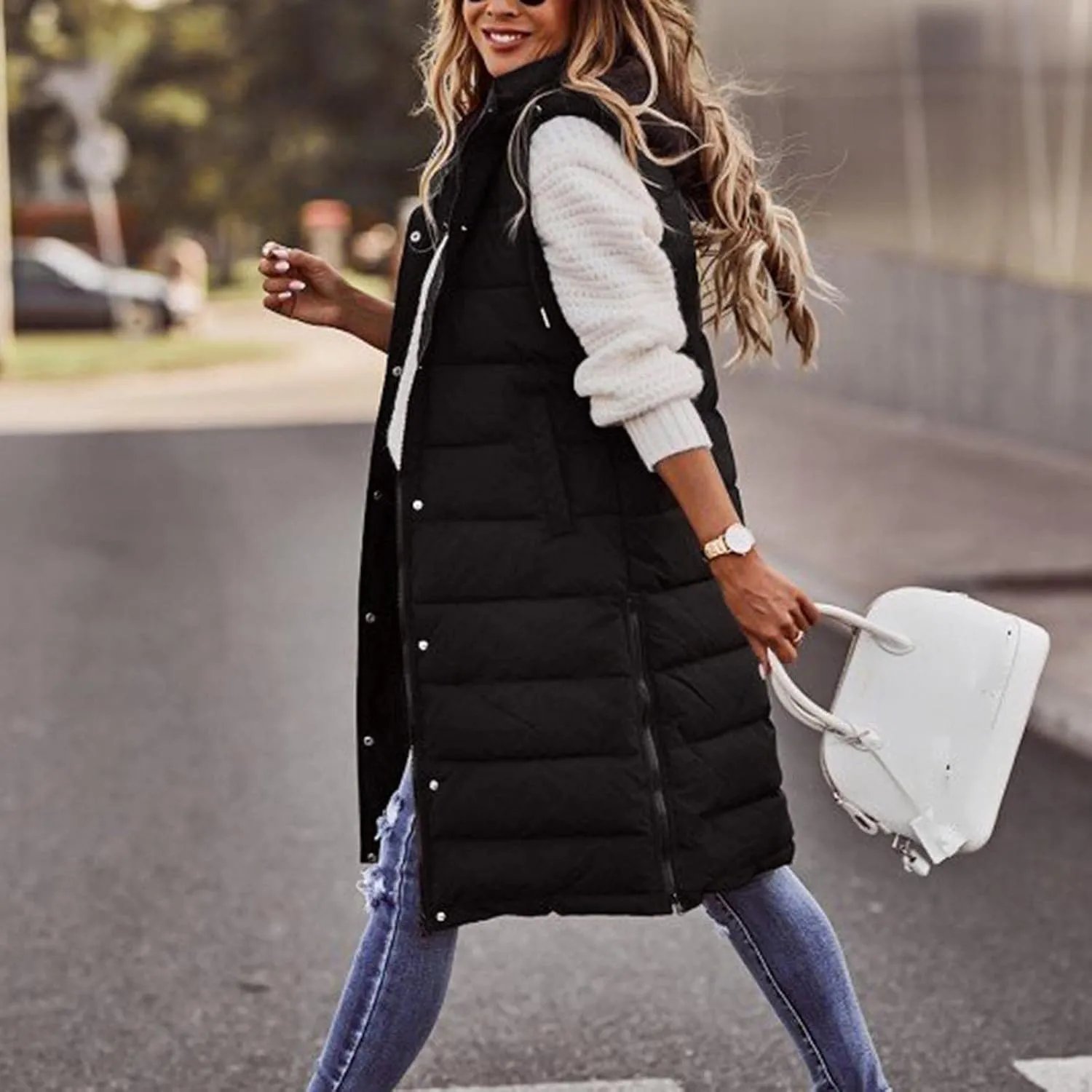 Black Puffer Vest Women Jacket Hooded Windproof Winter Coat with Recycled Insulation Winter Slim Short Hooded Warm