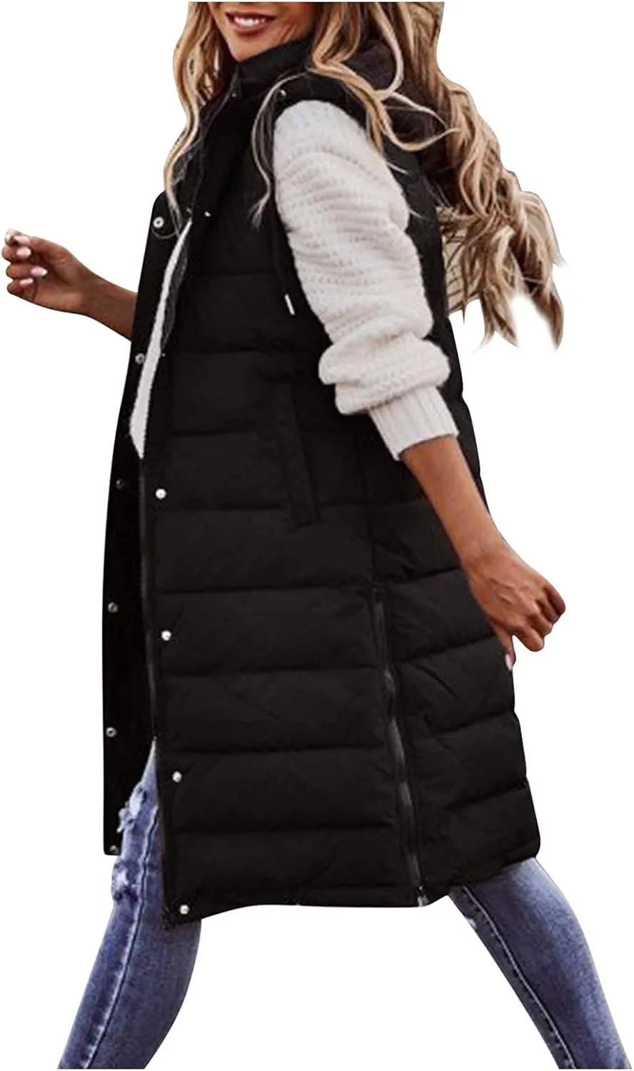 Black Puffer Vest Women Jacket Hooded Windproof Winter Coat with Recycled Insulation Winter Slim Short Hooded Warm