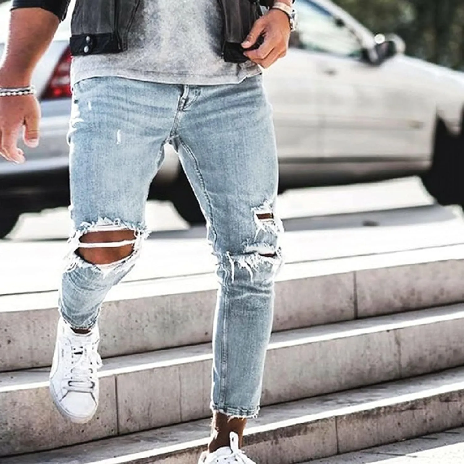 Black Skinny Jeans for Men Ripped Jeans Fit Jeans Baggy Flex Jeans Relaxed Long Denim Pants Streetwear