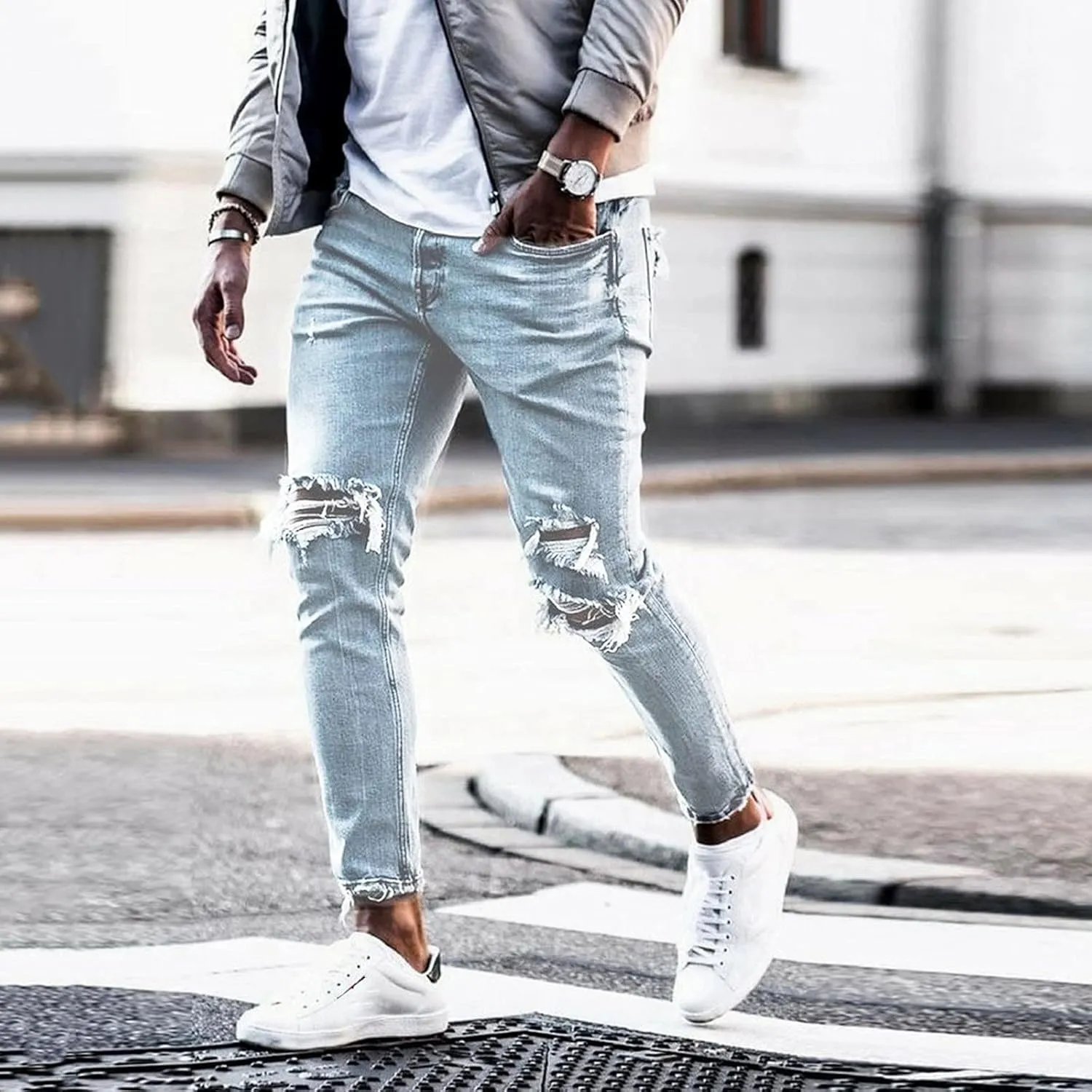 Black Skinny Jeans for Men Ripped Jeans Fit Jeans Baggy Flex Jeans Relaxed Long Denim Pants Streetwear