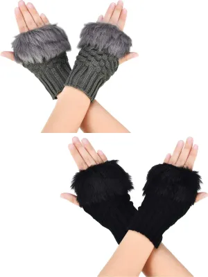 Boao 2 Pairs Fingerless Winter Gloves Short Touchscreen Gloves Thumb Hole Mittens Knitted Warm Gloves with Faux Fur for Christmas Valentine's Day Giving Black and Dark Gray