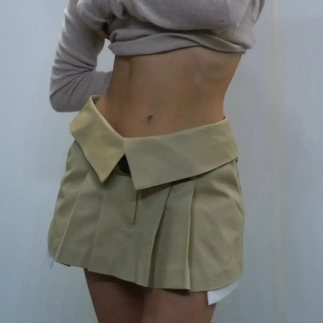 Bonnyshow  High Waist Mini Skirts Y2k Streetwear Women's New Summer Pleated Skirt Black A-line Turn-Down Short Skirts For Women