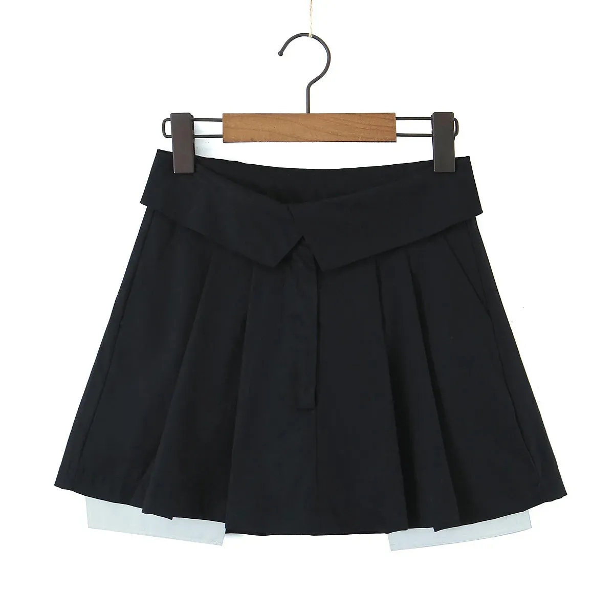 Bonnyshow  High Waist Mini Skirts Y2k Streetwear Women's New Summer Pleated Skirt Black A-line Turn-Down Short Skirts For Women