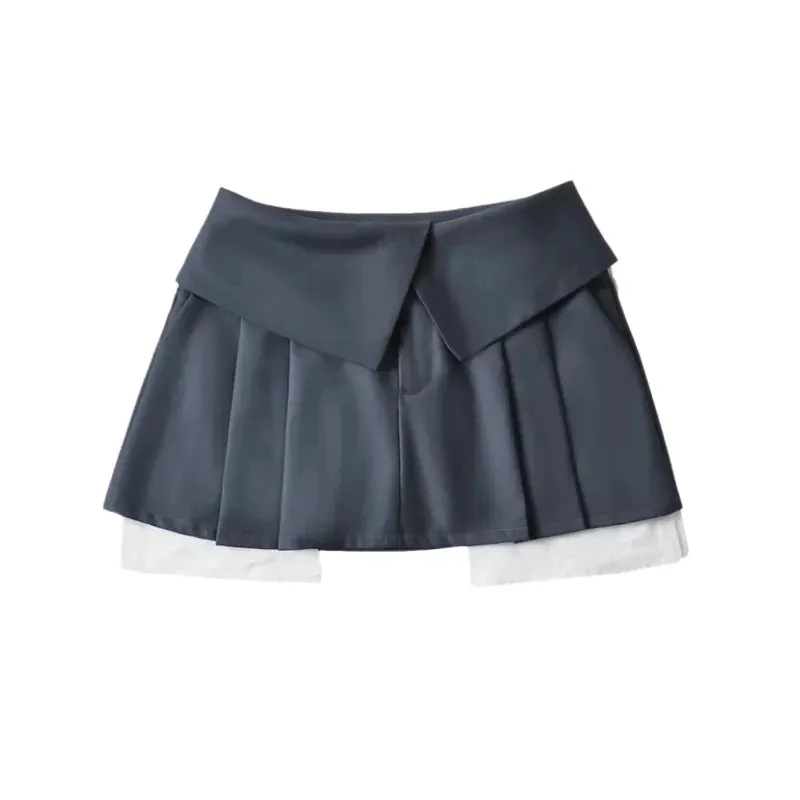 Bonnyshow  High Waist Mini Skirts Y2k Streetwear Women's New Summer Pleated Skirt Black A-line Turn-Down Short Skirts For Women