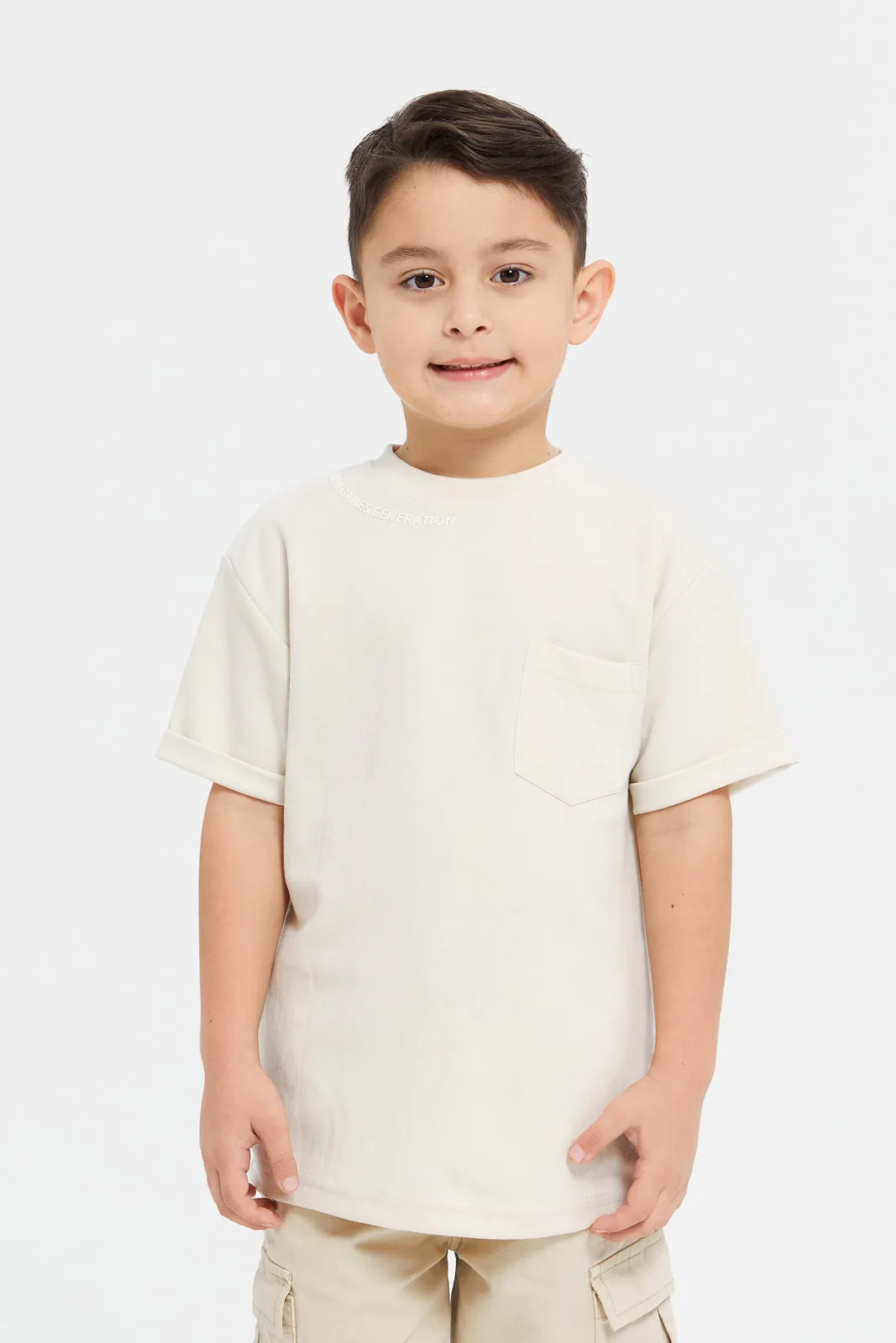 Boys Beige Embroidered T-Shirt