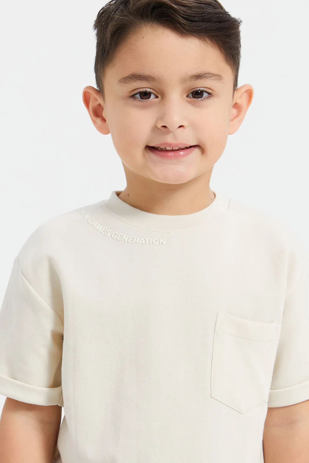 Boys Beige Embroidered T-Shirt