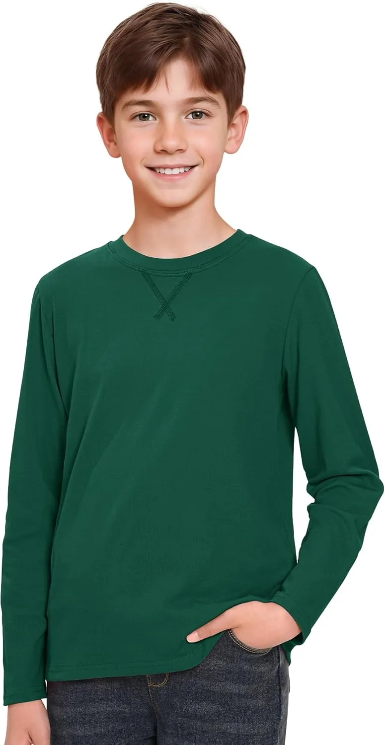 Boys Long Sleeve Shirts Cotton Crewneck T-Shirts for Boy Kids Basic Tee Sweatshirt 7-14 Years