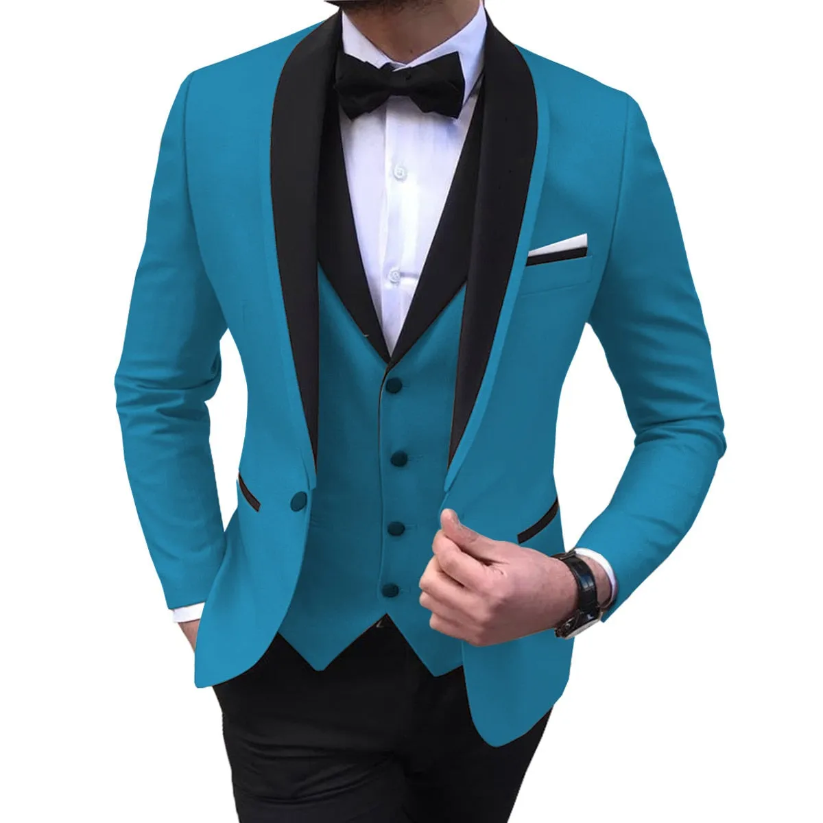BRADLEY VIP SUITS Men's Fashion Formal 3 Piece Tuxedo (Jacket   Pants   Vest) Light Blue Sky Blue Suit Set
