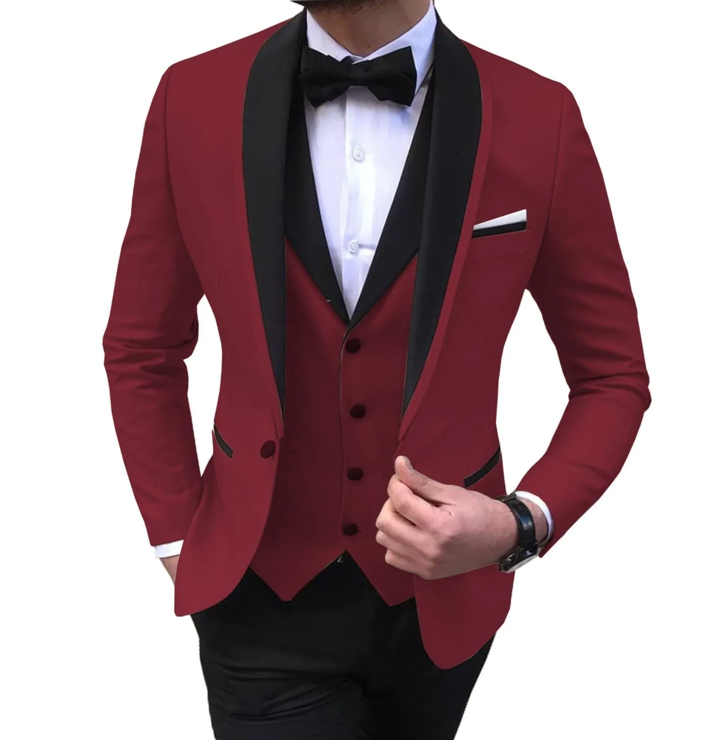 BRADLEY VIP SUITS Men's Fashion Formal 3 Piece Tuxedo (Jacket   Pants   Vest) Red Suit Set