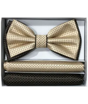 Brand Q Men's beige and brown dots satin bowtie and pocket square