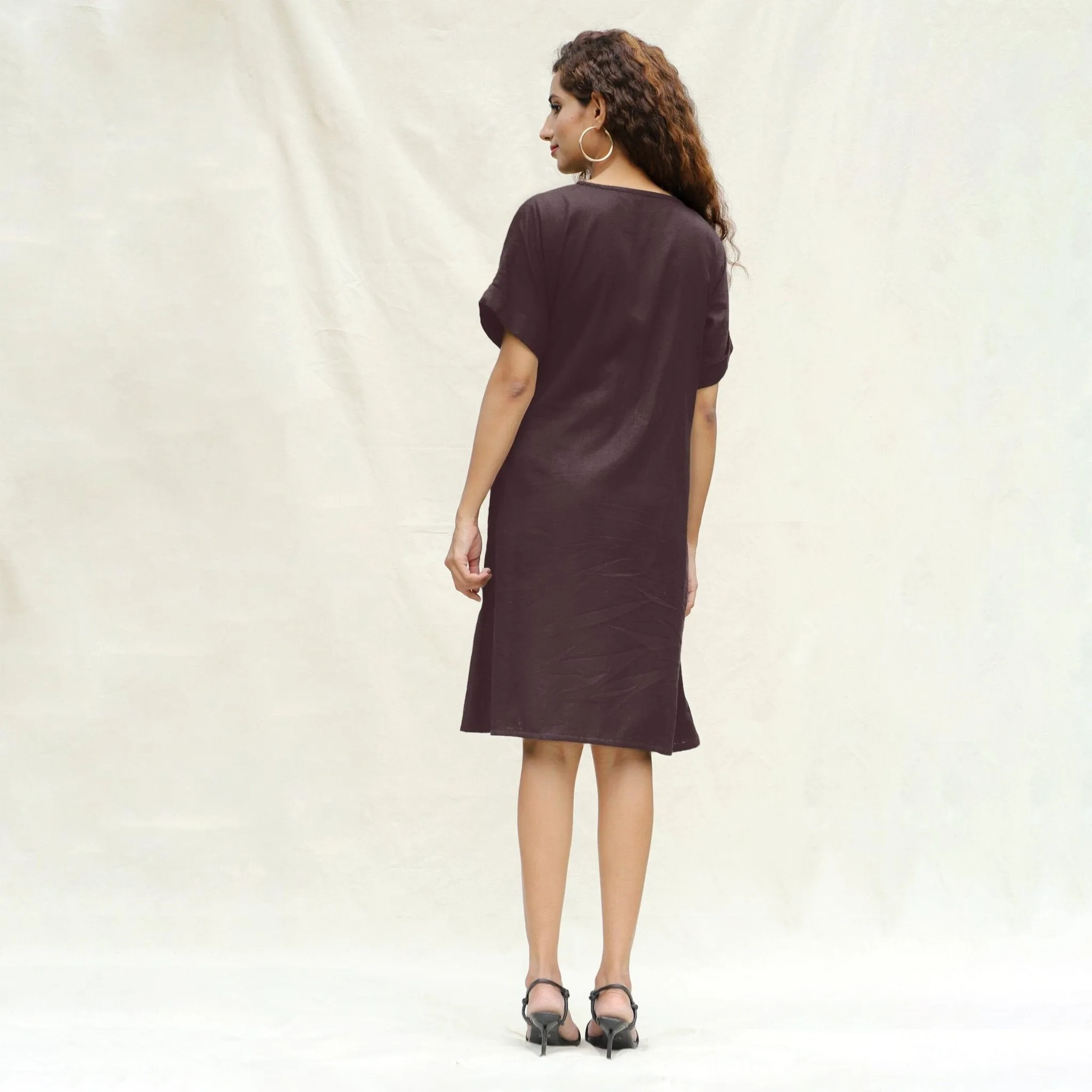 Brown Cotton Flax A-Line Knee Length Wrap Dress