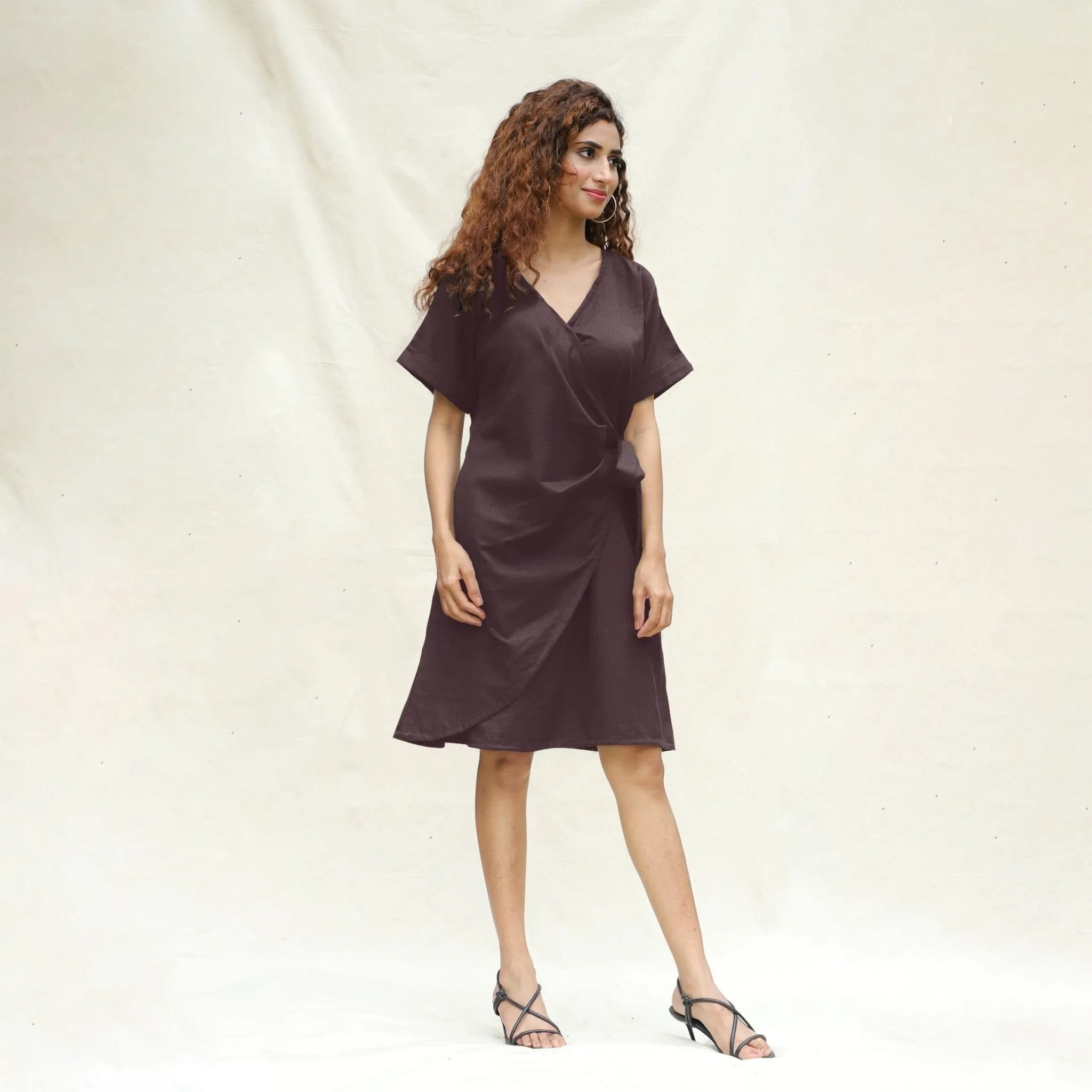 Brown Cotton Flax A-Line Knee Length Wrap Dress
