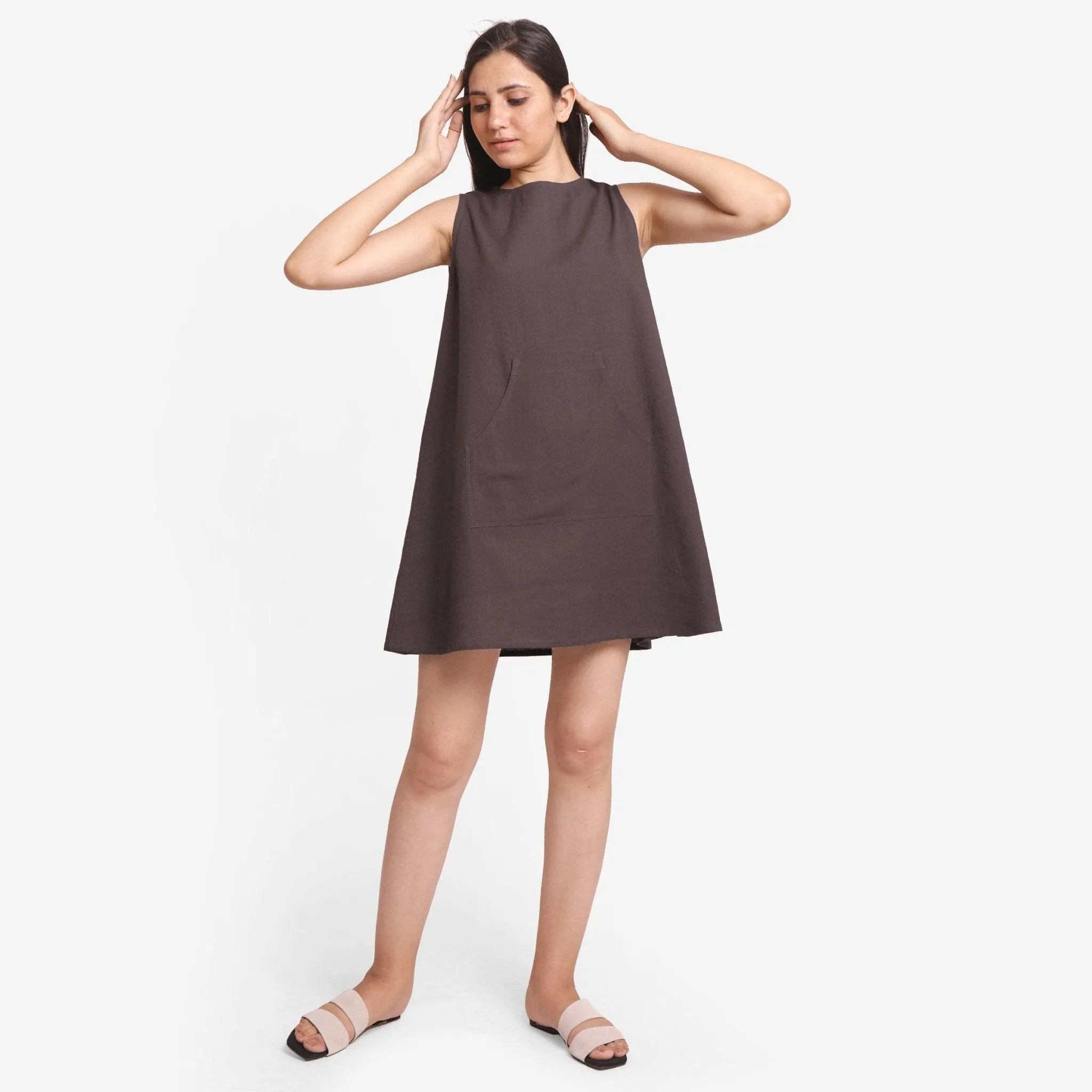 Brown Cotton Flax Sleeveless A-Line Mini Dress