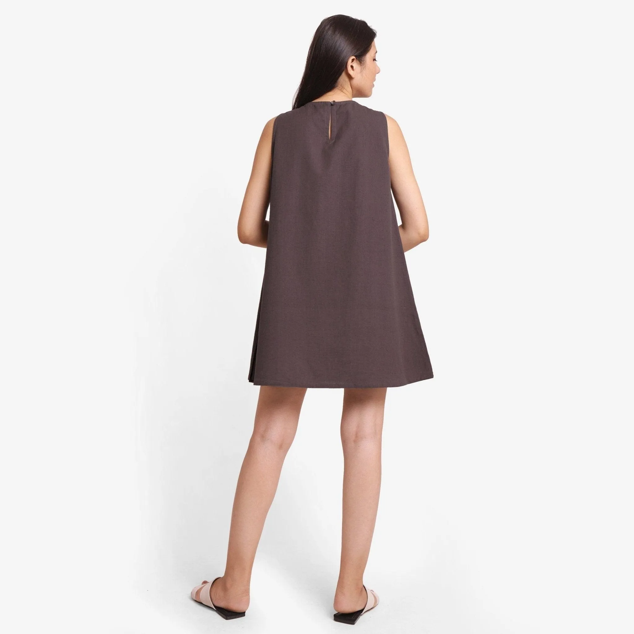Brown Cotton Flax Sleeveless A-Line Mini Dress