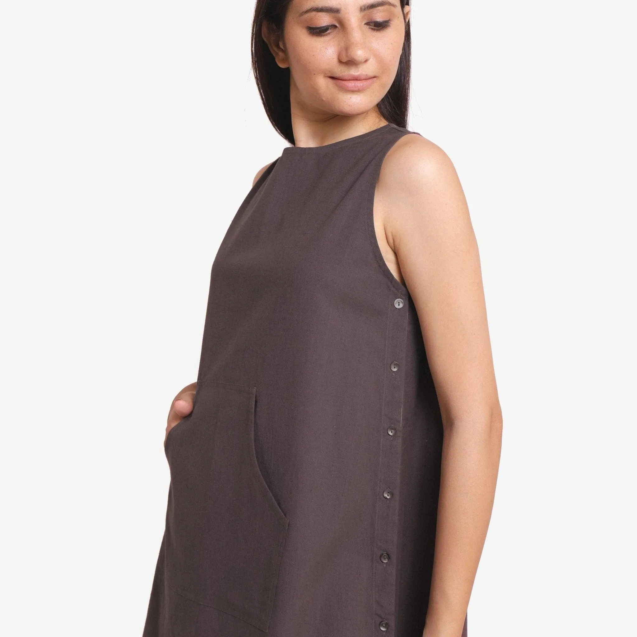 Brown Cotton Flax Sleeveless A-Line Mini Dress