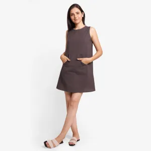 Brown Cotton Flax Sleeveless A-Line Mini Dress