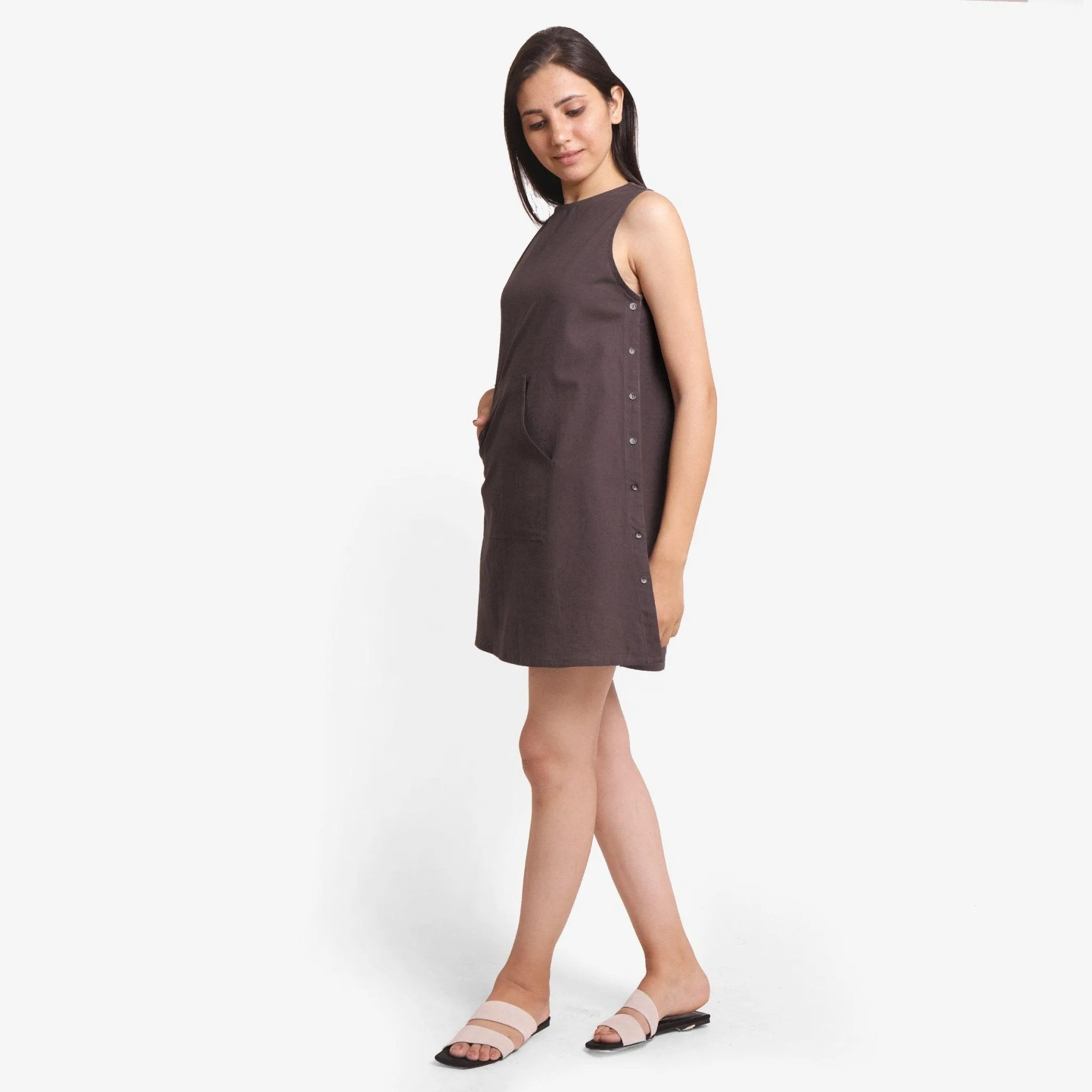 Brown Cotton Flax Sleeveless A-Line Mini Dress