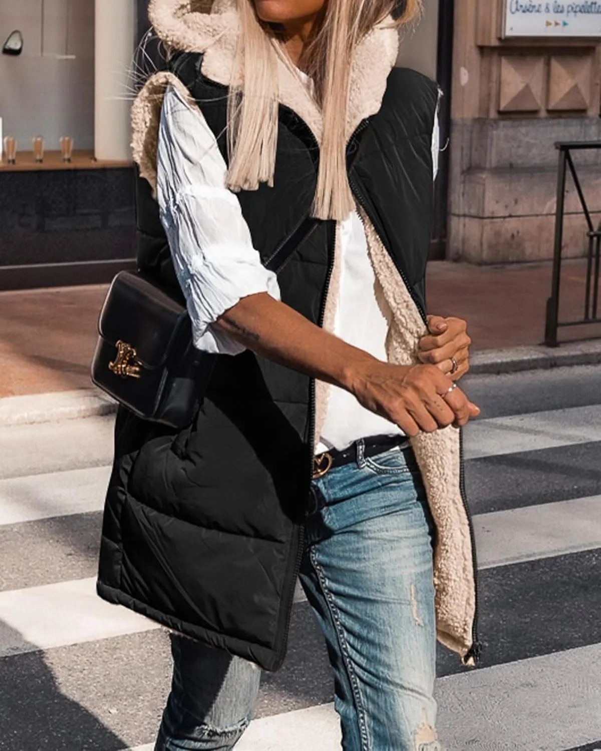 BTFBM Fall Long Puffer Vest Women Sleeveless Hooded Reversible Fleece Sherpa Jacket Zip Up Winter Coat Outerwear Vests