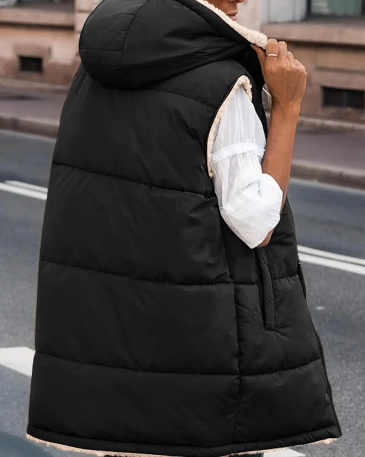 BTFBM Fall Long Puffer Vest Women Sleeveless Hooded Reversible Fleece Sherpa Jacket Zip Up Winter Coat Outerwear Vests