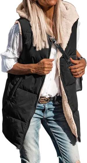 BTFBM Fall Long Puffer Vest Women Sleeveless Hooded Reversible Fleece Sherpa Jacket Zip Up Winter Coat Outerwear Vests