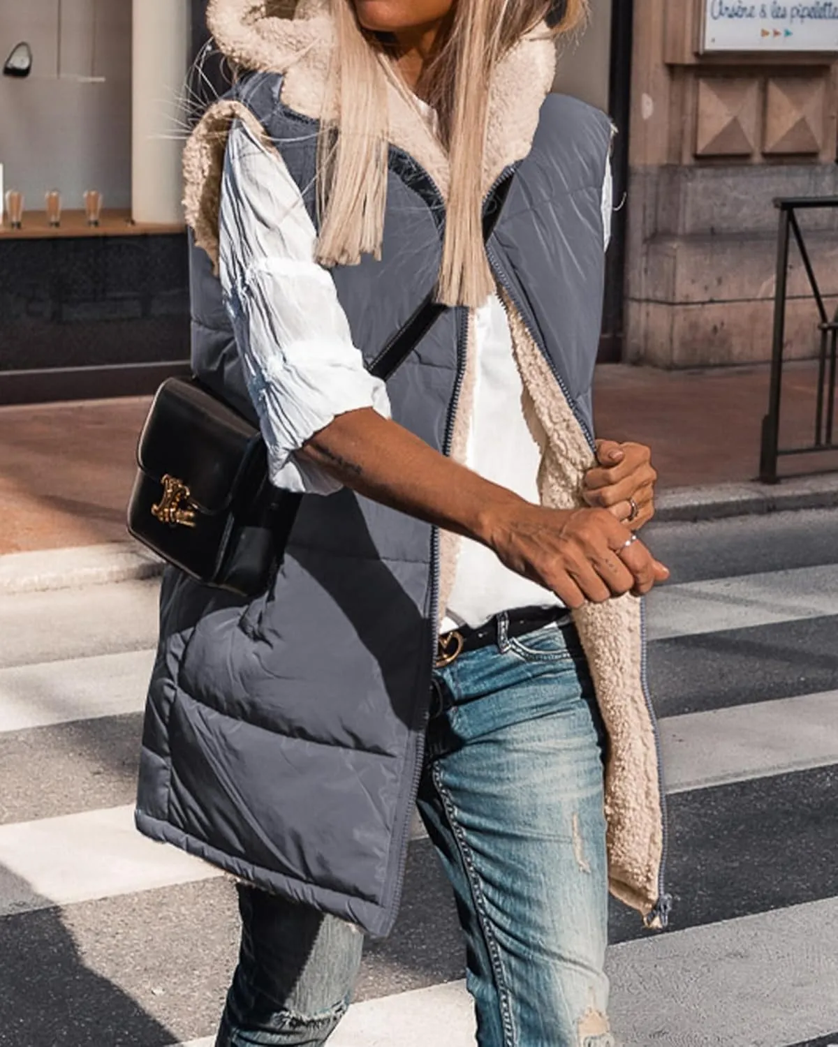BTFBM Fall Long Puffer Vest Women Sleeveless Hooded Reversible Fleece Sherpa Jacket Zip Up Winter Coat Outerwear Vests