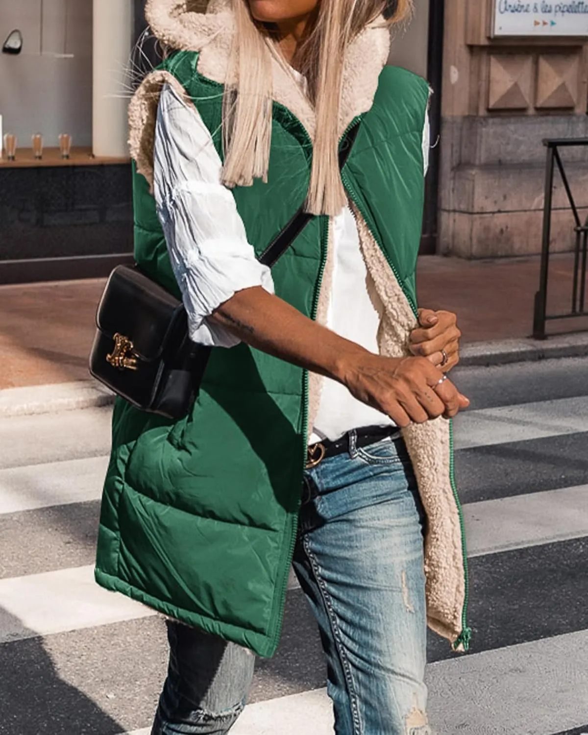 BTFBM Fall Long Puffer Vest Women Sleeveless Hooded Reversible Fleece Sherpa Jacket Zip Up Winter Coat Outerwear Vests