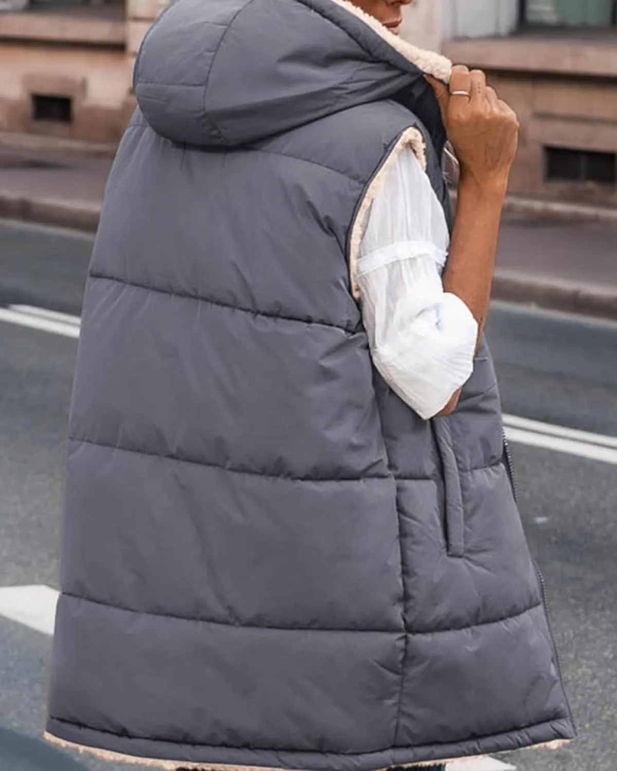 BTFBM Fall Long Puffer Vest Women Sleeveless Hooded Reversible Fleece Sherpa Jacket Zip Up Winter Coat Outerwear Vests