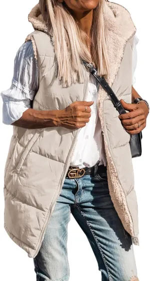 BTFBM Fall Long Puffer Vest Women Sleeveless Hooded Reversible Fleece Sherpa Jacket Zip Up Winter Coat Outerwear Vests