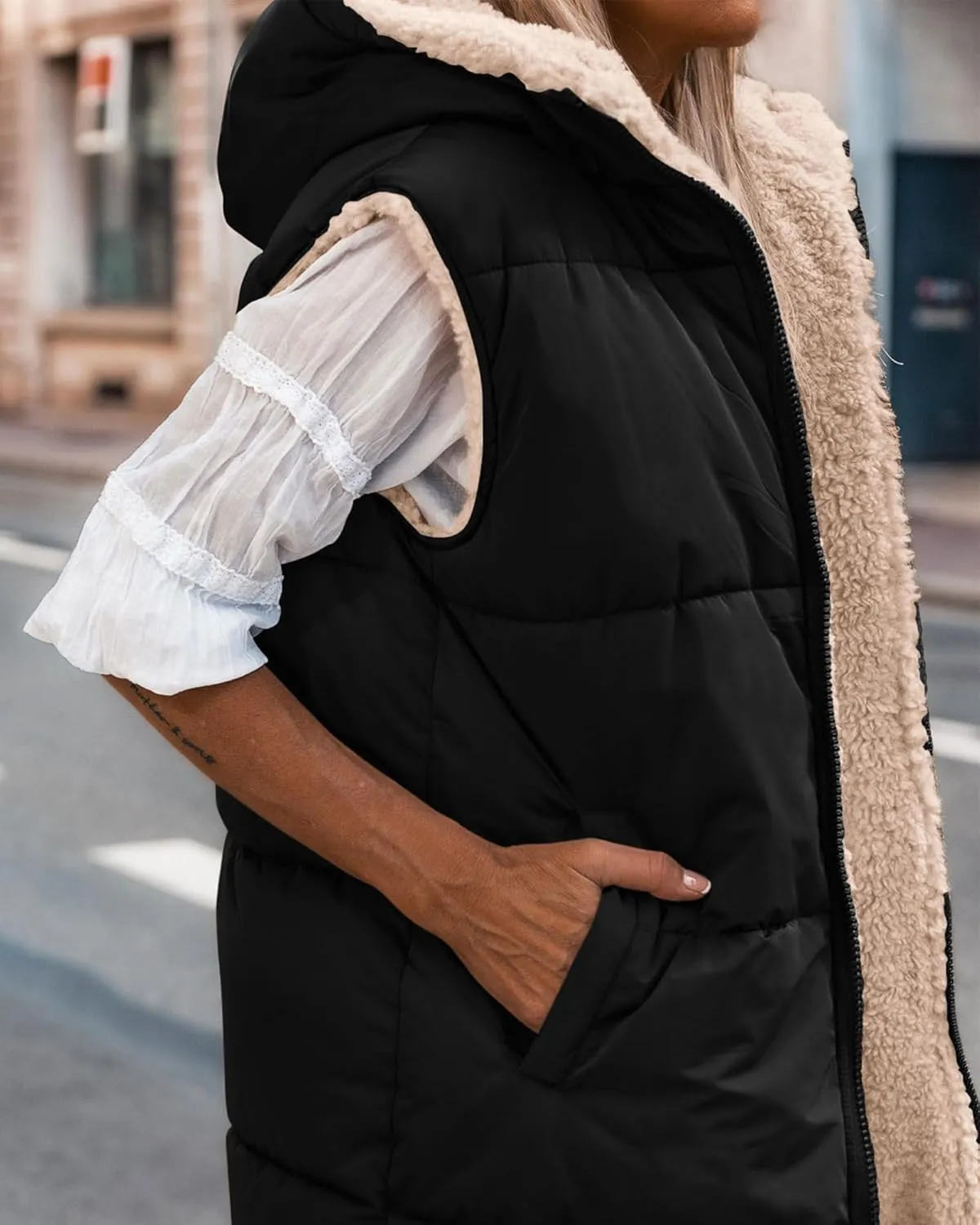 BTFBM Fall Long Puffer Vest Women Sleeveless Hooded Reversible Fleece Sherpa Jacket Zip Up Winter Coat Outerwear Vests