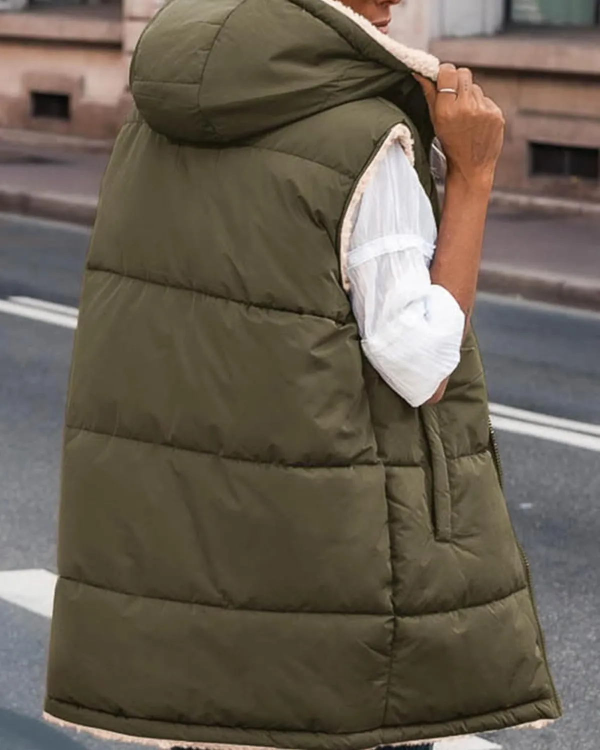 BTFBM Fall Long Puffer Vest Women Sleeveless Hooded Reversible Fleece Sherpa Jacket Zip Up Winter Coat Outerwear Vests