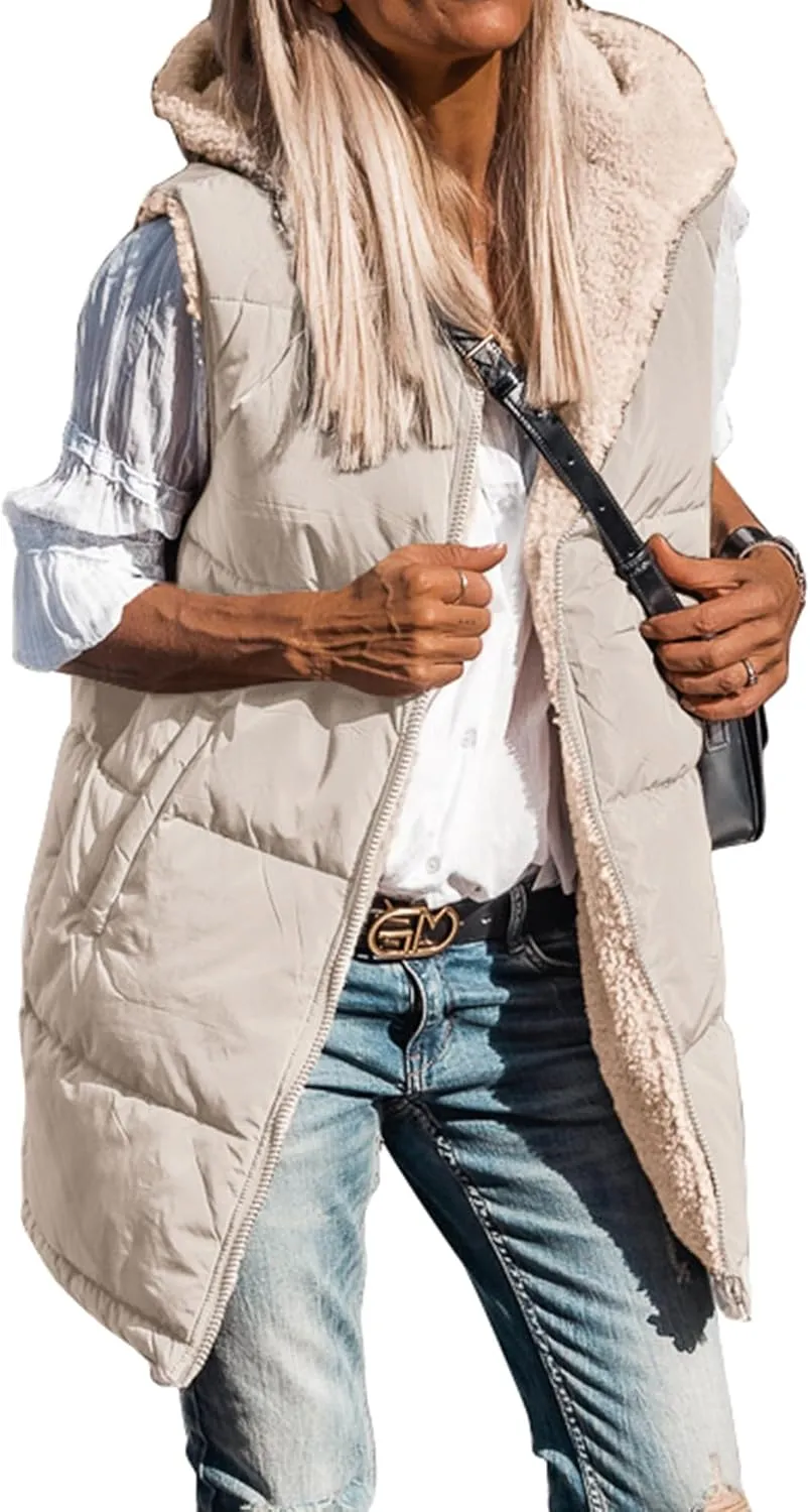 BTFBM Fall Long Puffer Vest Women Sleeveless Hooded Reversible Fleece Sherpa Jacket Zip Up Winter Coat Outerwear Vests