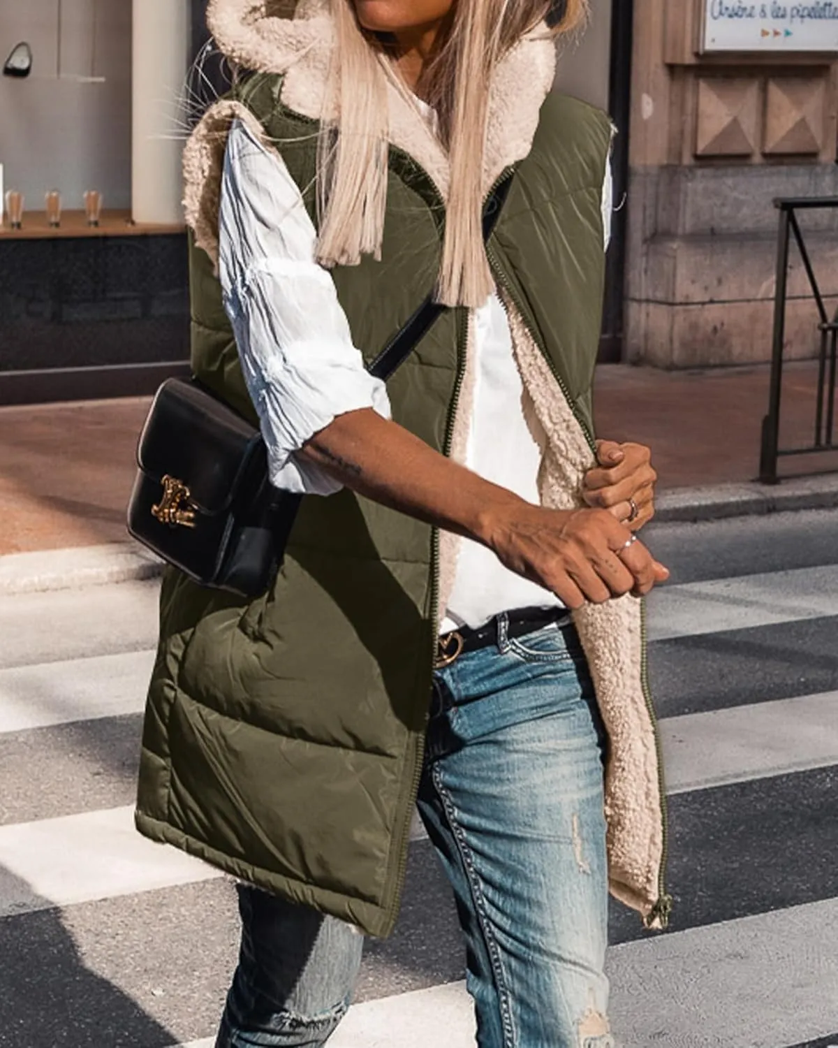 BTFBM Fall Long Puffer Vest Women Sleeveless Hooded Reversible Fleece Sherpa Jacket Zip Up Winter Coat Outerwear Vests