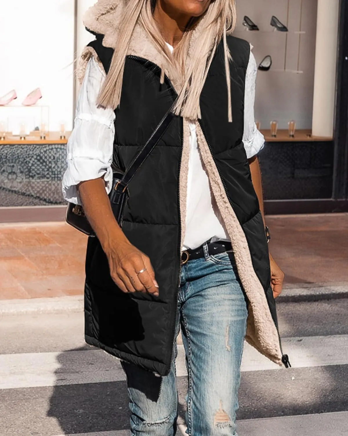 BTFBM Fall Long Puffer Vest Women Sleeveless Hooded Reversible Fleece Sherpa Jacket Zip Up Winter Coat Outerwear Vests