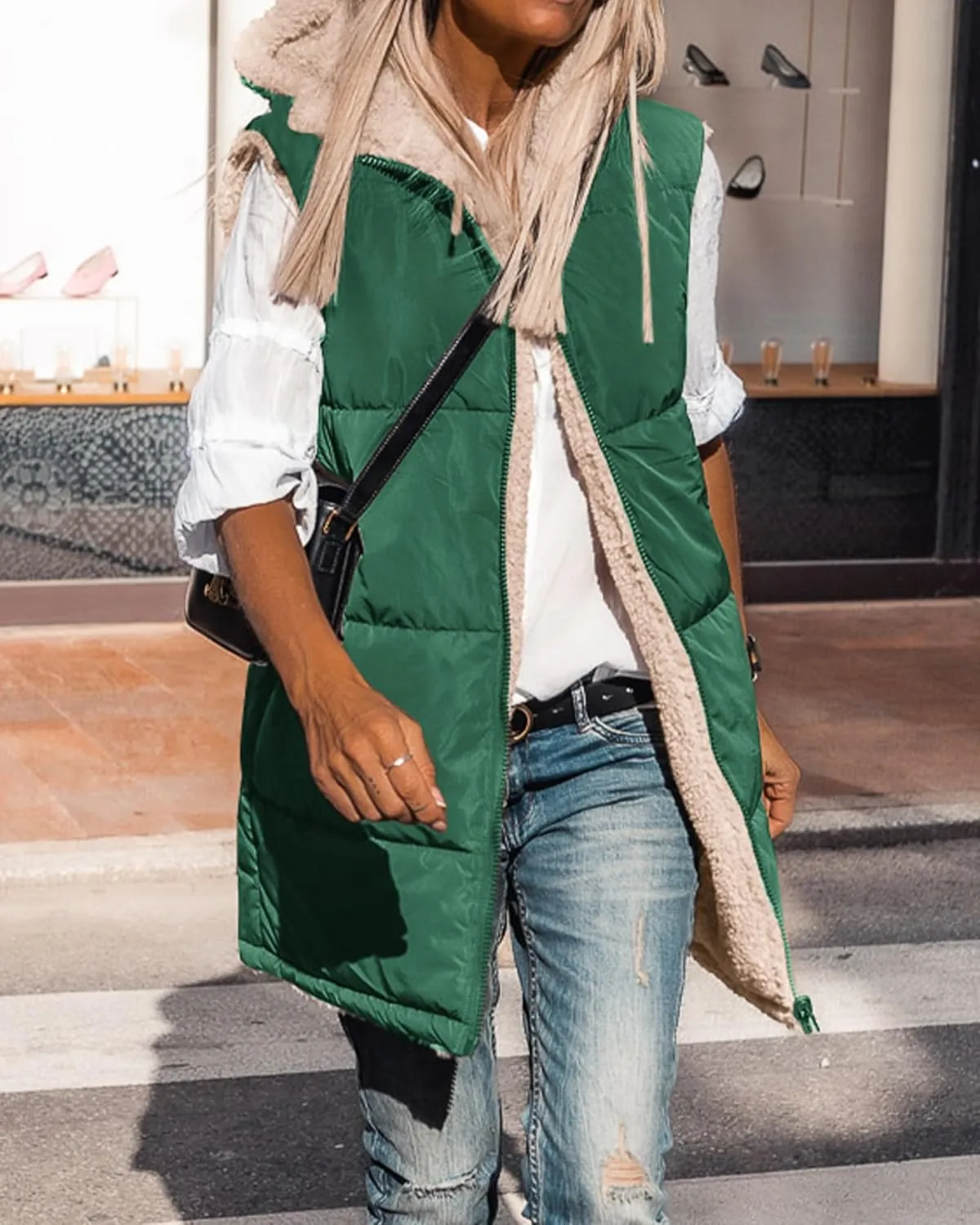 BTFBM Fall Long Puffer Vest Women Sleeveless Hooded Reversible Fleece Sherpa Jacket Zip Up Winter Coat Outerwear Vests