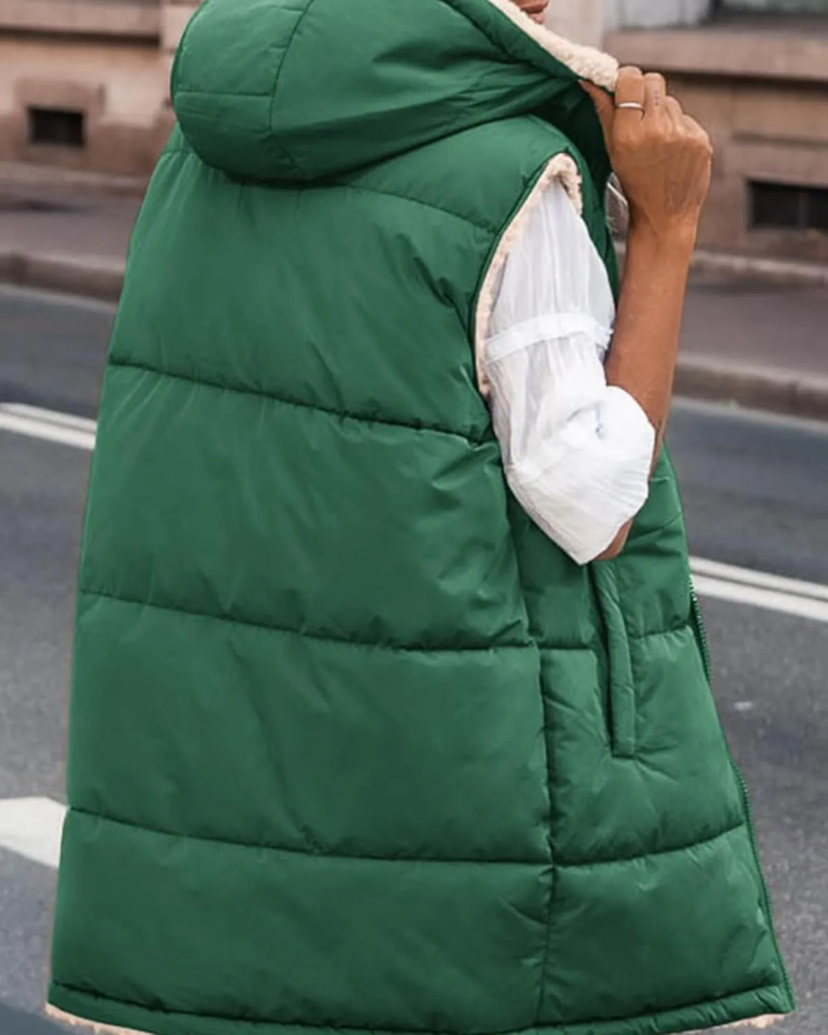 BTFBM Fall Long Puffer Vest Women Sleeveless Hooded Reversible Fleece Sherpa Jacket Zip Up Winter Coat Outerwear Vests