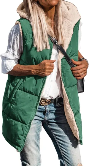 BTFBM Fall Long Puffer Vest Women Sleeveless Hooded Reversible Fleece Sherpa Jacket Zip Up Winter Coat Outerwear Vests