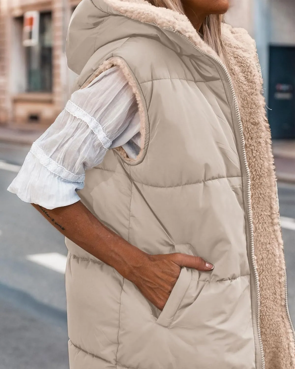 BTFBM Fall Long Puffer Vest Women Sleeveless Hooded Reversible Fleece Sherpa Jacket Zip Up Winter Coat Outerwear Vests