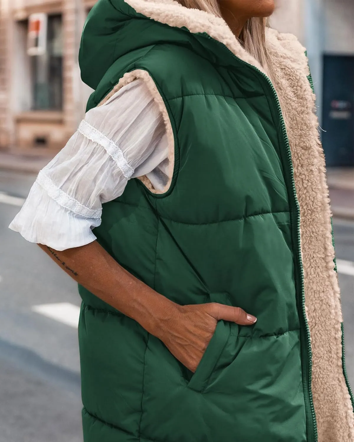 BTFBM Fall Long Puffer Vest Women Sleeveless Hooded Reversible Fleece Sherpa Jacket Zip Up Winter Coat Outerwear Vests