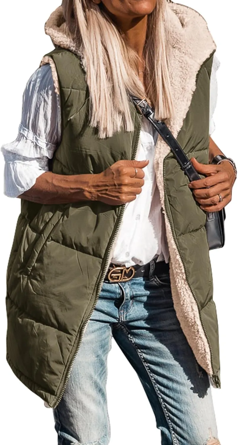 BTFBM Fall Long Puffer Vest Women Sleeveless Hooded Reversible Fleece Sherpa Jacket Zip Up Winter Coat Outerwear Vests