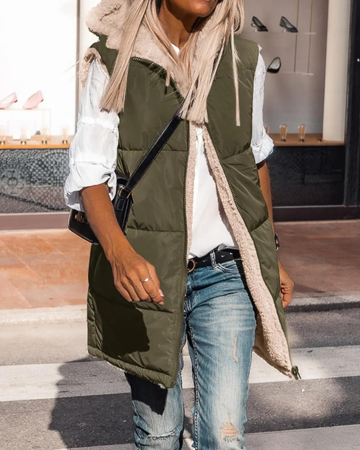 BTFBM Fall Long Puffer Vest Women Sleeveless Hooded Reversible Fleece Sherpa Jacket Zip Up Winter Coat Outerwear Vests
