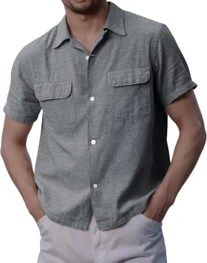 Button Down Shirts for Men Short Sleeve Cotton Linen Casual Comfy Lightweight Solid Tops Summer Beach Tee with Pockets