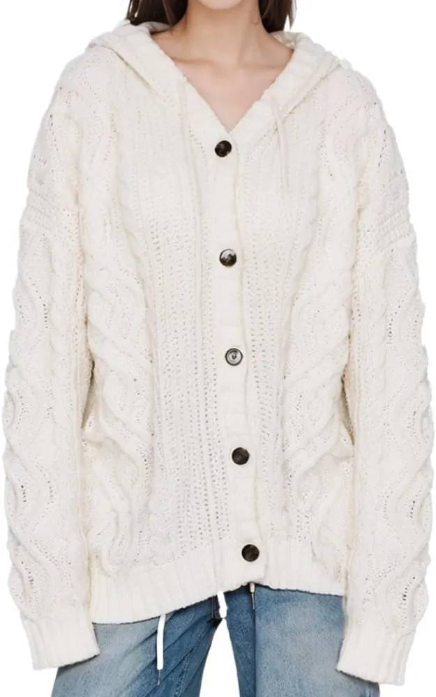 Cable Knit Cardigan Women Hooded Sweater Button Down Long Sweaters Chunky Casual Fall Outwear Coat