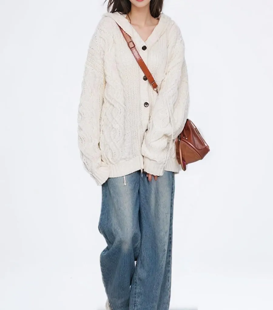 Cable Knit Cardigan Women Hooded Sweater Button Down Long Sweaters Chunky Casual Fall Outwear Coat