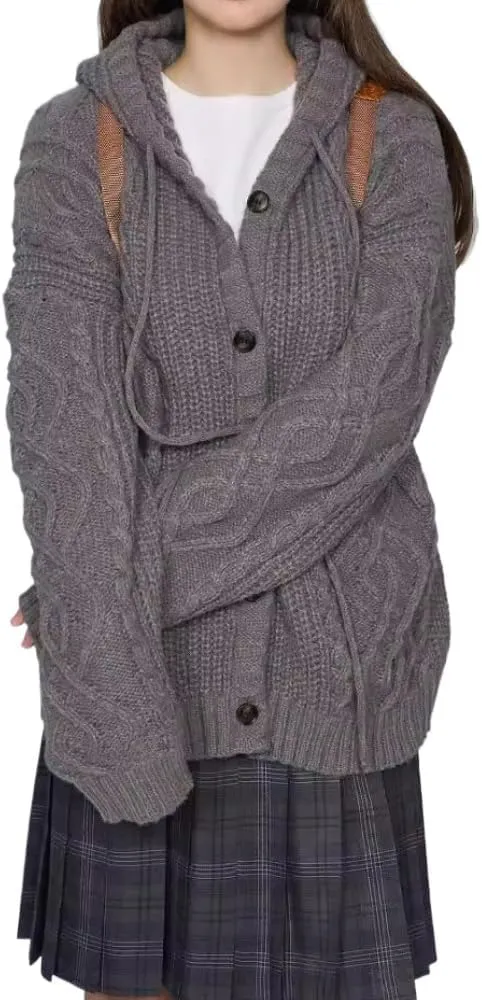Cable Knit Cardigan Women Hooded Sweater Button Down Long Sweaters Chunky Casual Fall Outwear Coat