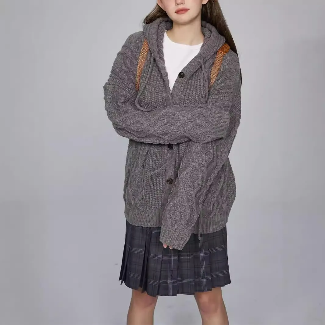 Cable Knit Cardigan Women Hooded Sweater Button Down Long Sweaters Chunky Casual Fall Outwear Coat