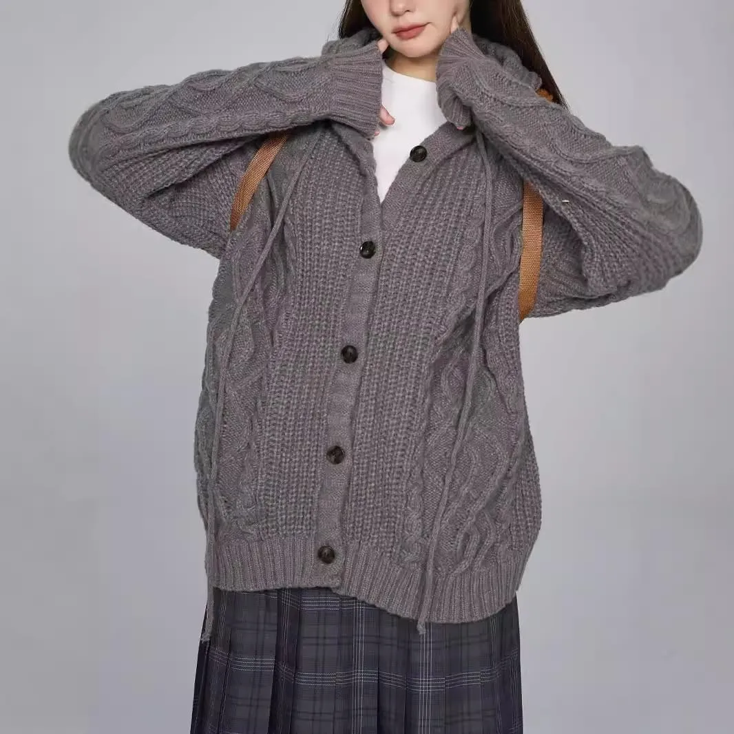 Cable Knit Cardigan Women Hooded Sweater Button Down Long Sweaters Chunky Casual Fall Outwear Coat