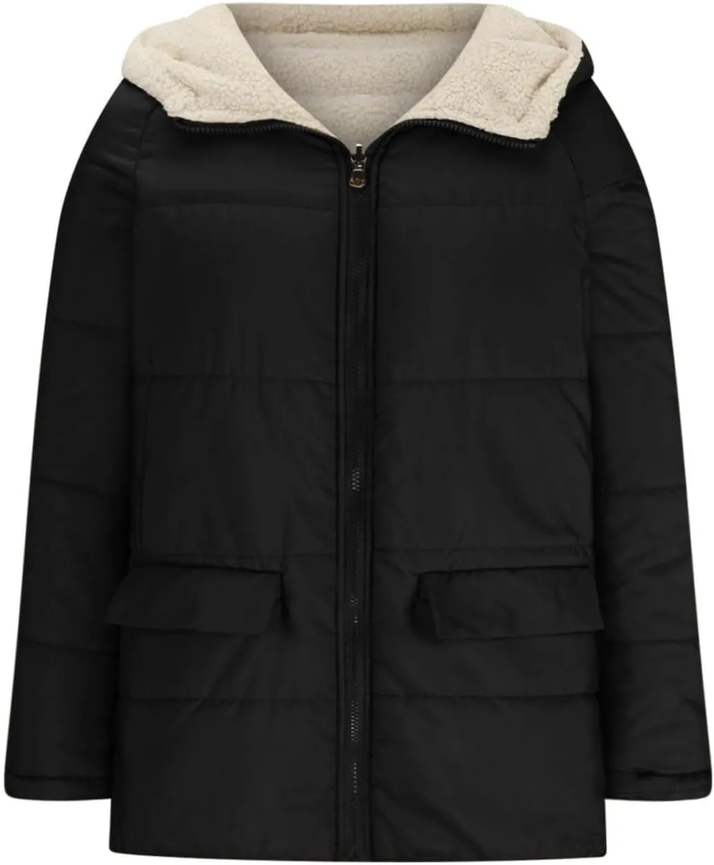 Canbebig Women's Quilted Winter Coats Hooded Fleece Jacket Warm Reversible Sherpa-Lined Jackets Full Zip Puffer Hoodies Coat